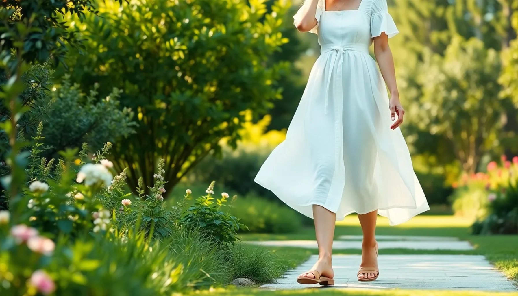 Modelo femenina caminando en un jardín soleado con un vestido largo de lino blanco y sandalias de tacón bajo