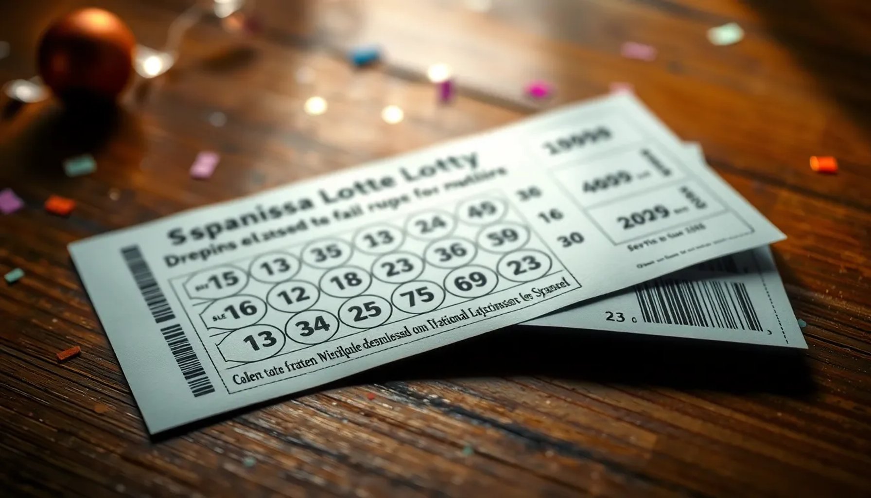 Billete de Lotería Nacional con números premiados y fondo de confeti celebratorio