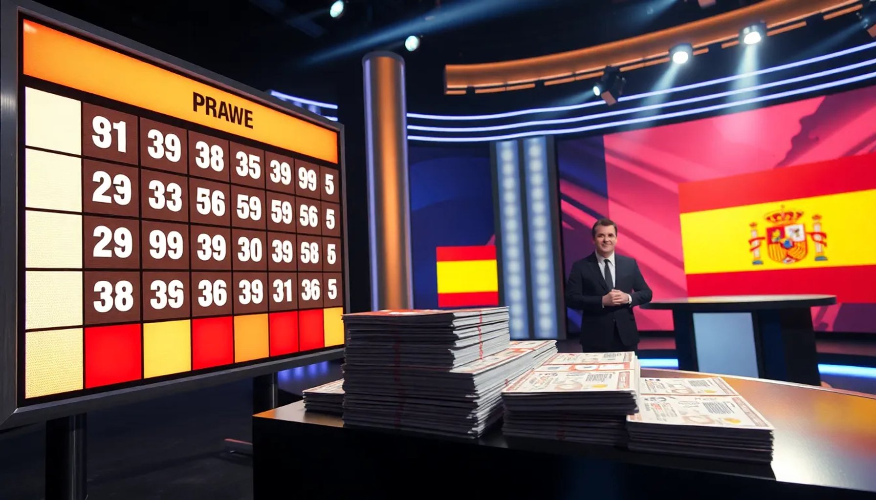 Imagen de un sorteo de Lotería Nacional en vivo con números y billetes sobre una mesa
