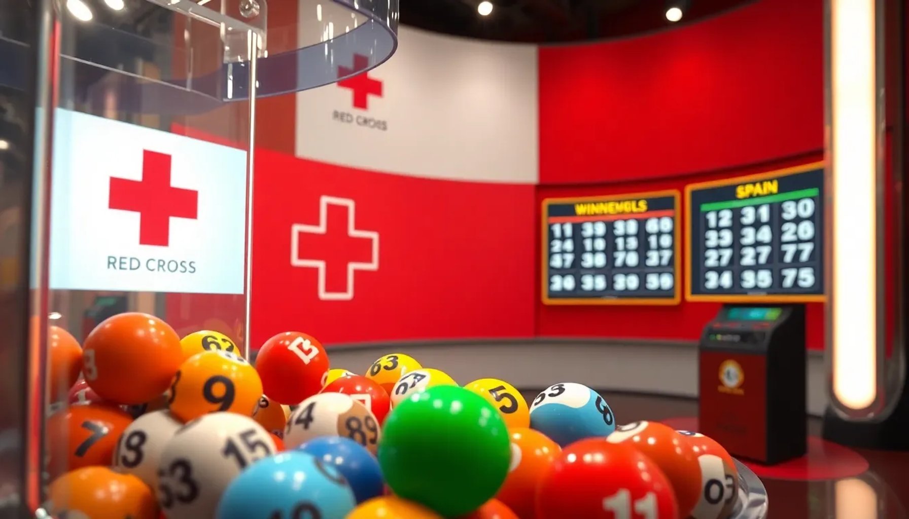 Pantalla mostrando las bolas de la Lotería Nacional y el logo de Cruz Roja en un sorteo solidario