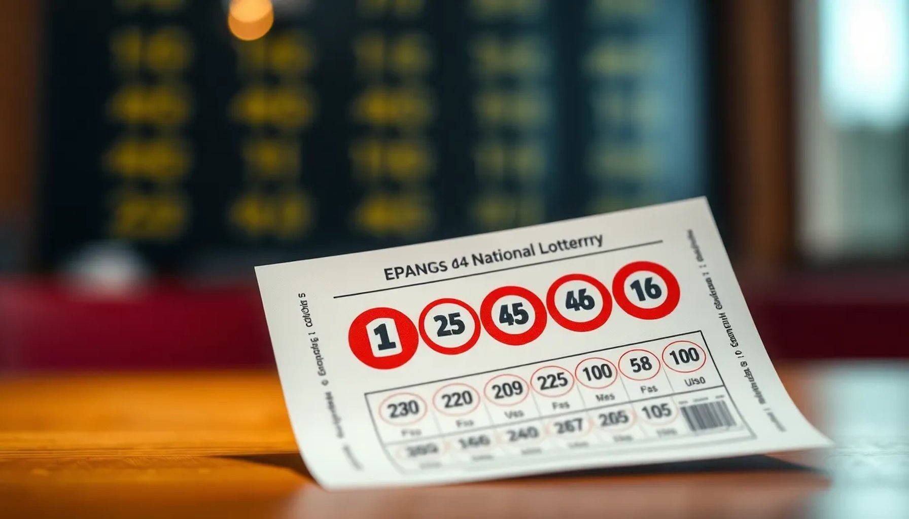 Boleto de la Lotería Nacional sobre una mesa con luces de fondo y números destacados