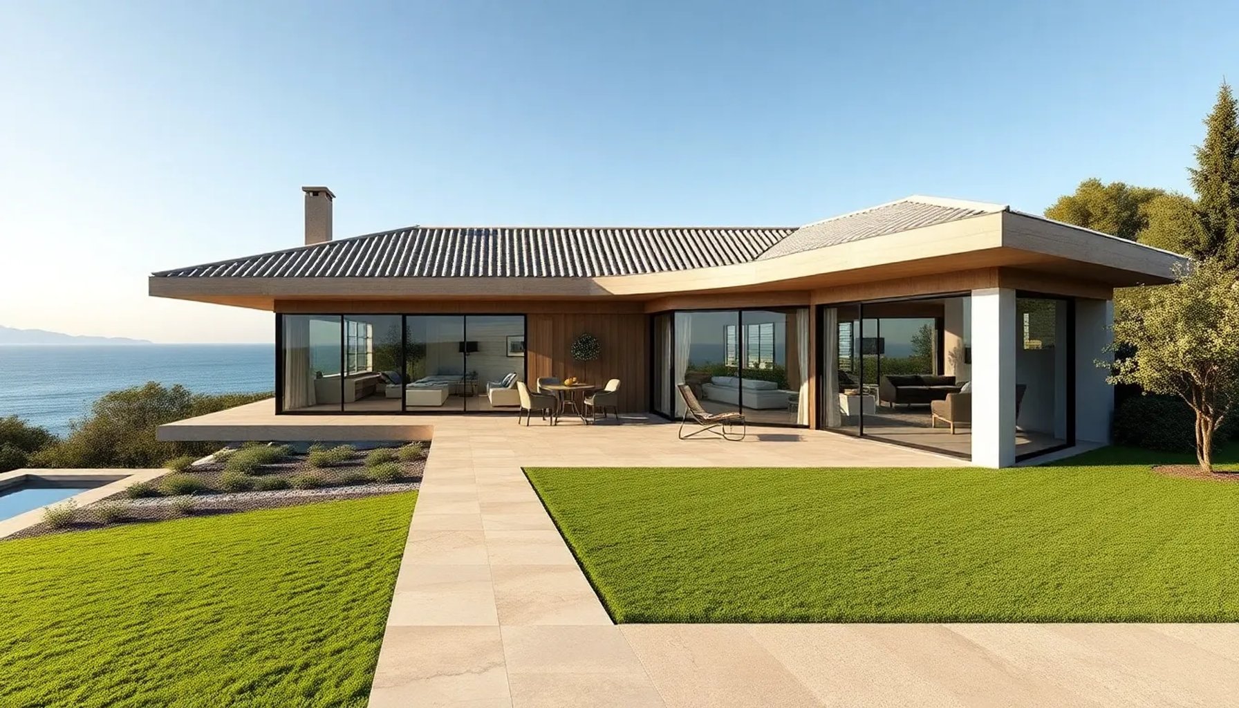 Chalet de lujo en Roche con vista al mar, mostrando su fachada moderna y jardín
