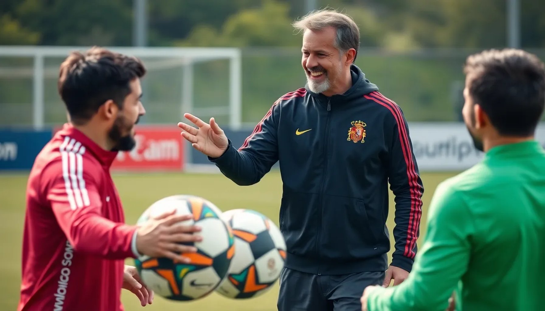 Luis de la Fuente sonriendo mientras participa en un juego informal con jugadores de la selección española