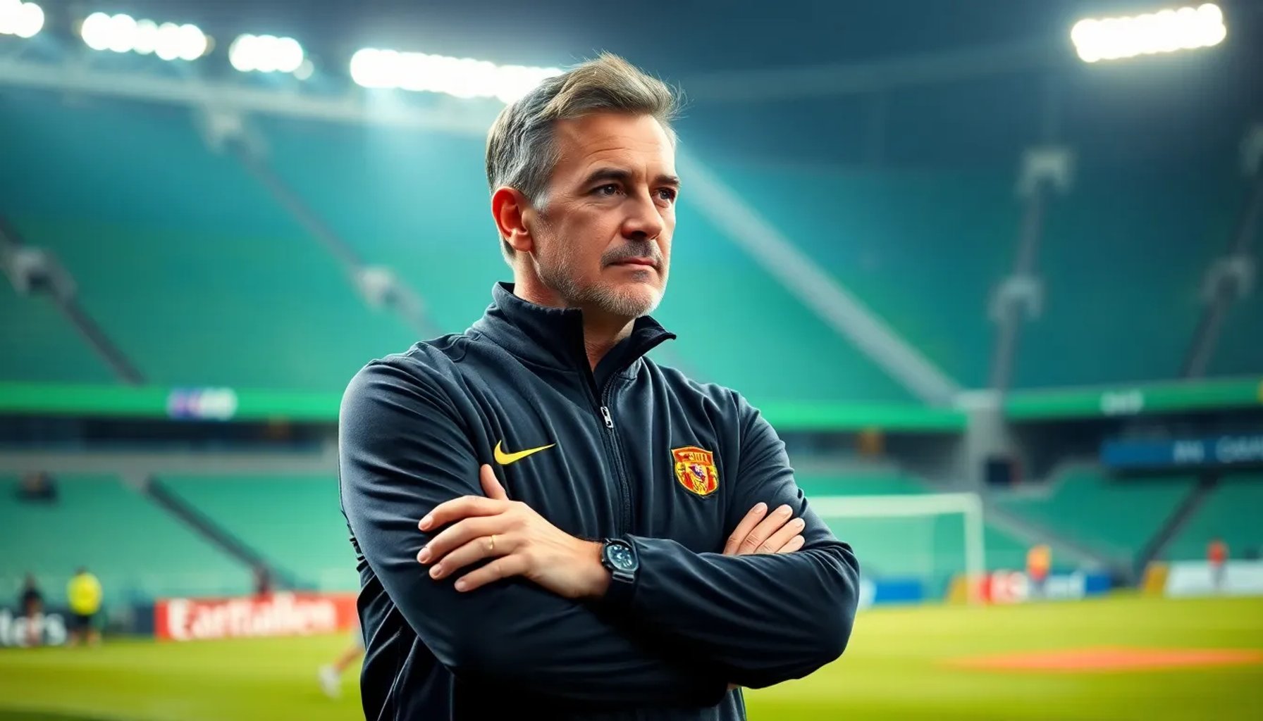 Entrenador Luis Milla observando el campo durante un partido, expresión concentrada y postura profesional