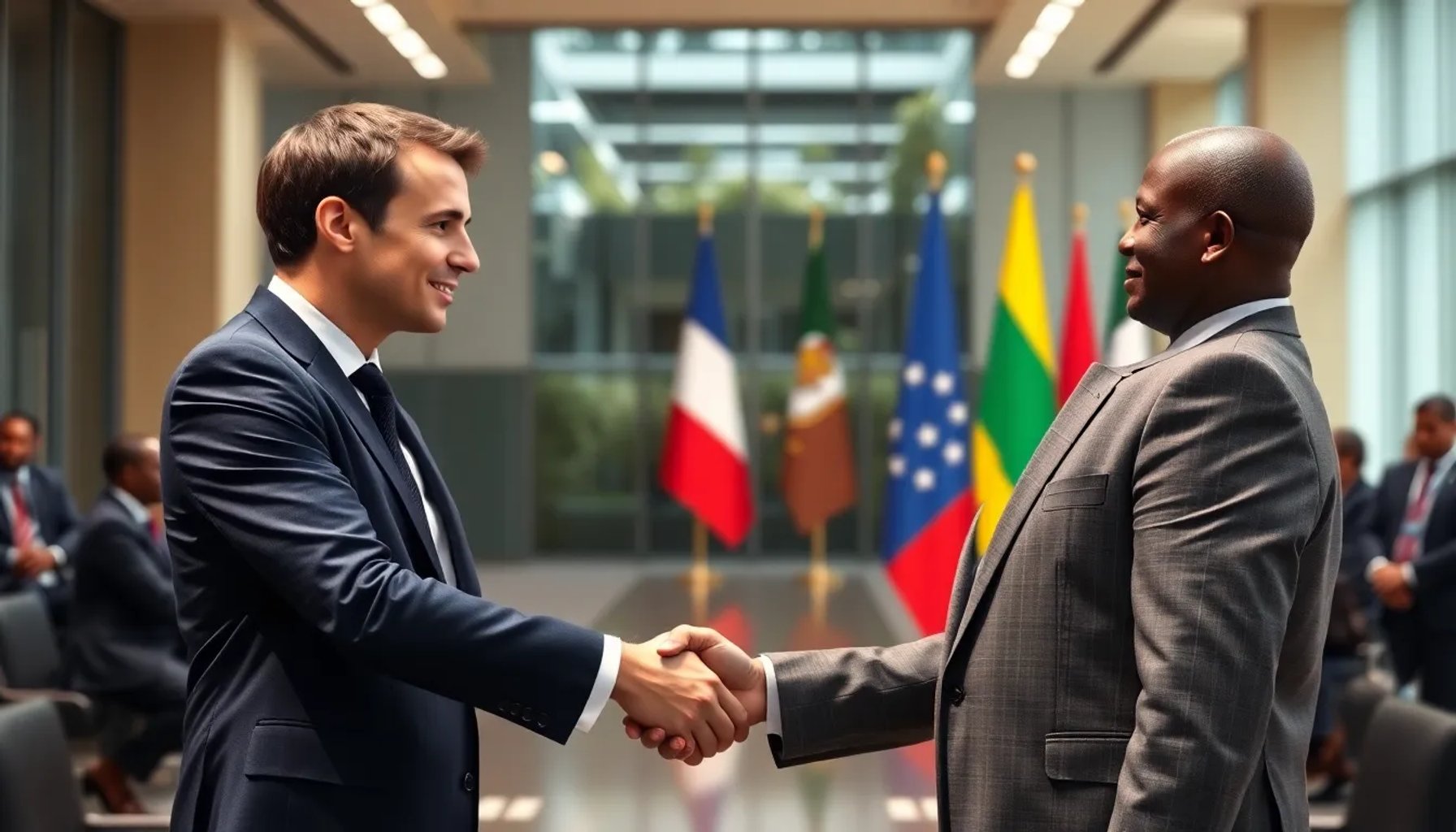 Emmanuel Macron estrechando la mano de un líder africano durante una cumbre en Dakar