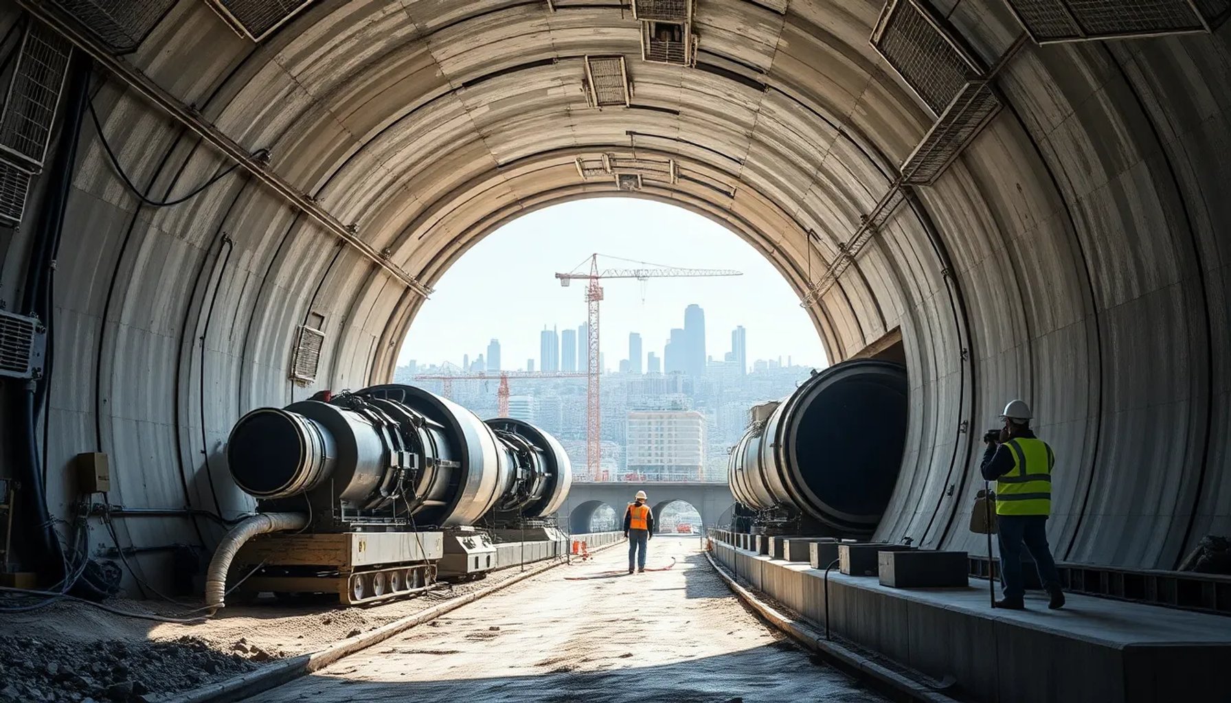 Vista panorámica del túnel subterráneo en construcción bajo las calles de Madrid, con maquinaria y trabajadores en acción