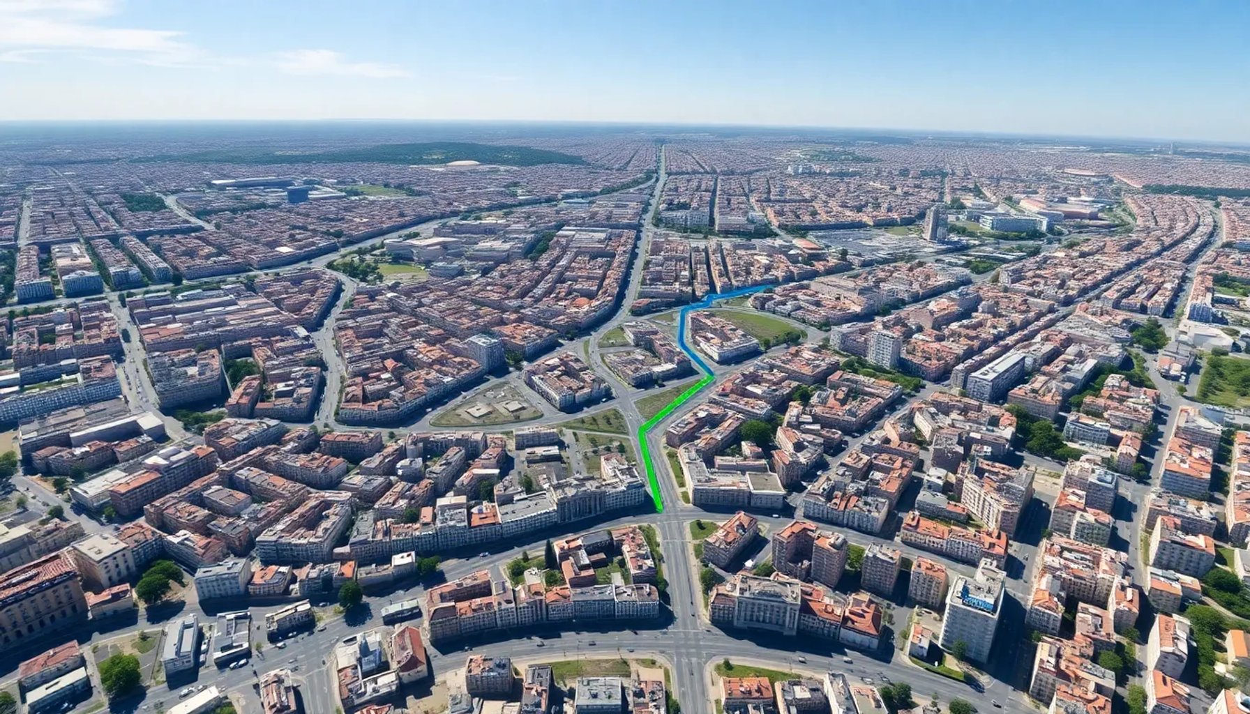 Vista aérea del trazado propuesto para la ampliación de la Línea 11 del Metro de Madrid, con áreas militares resaltadas y posibles desvíos.