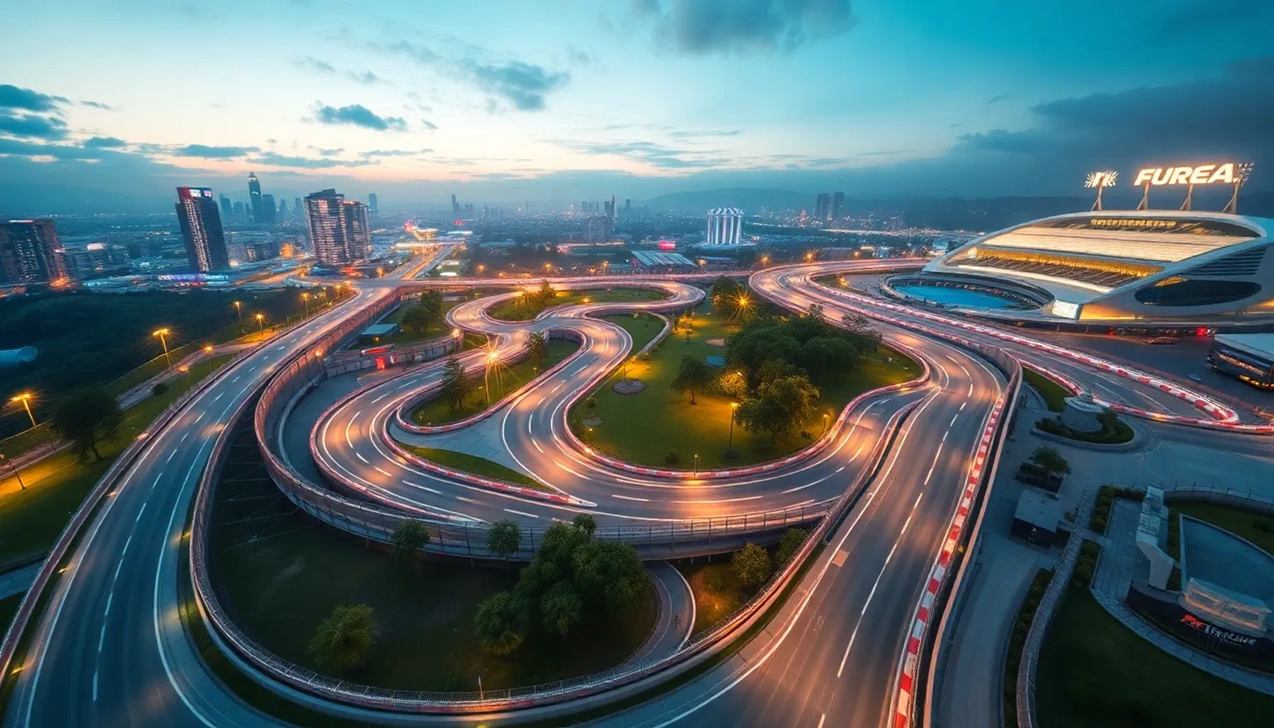 Vista aérea del circuito virtual Madring mostrando la Gran Vía, el Retiro y la zona de Casa de Campo bajo luces nocturnas