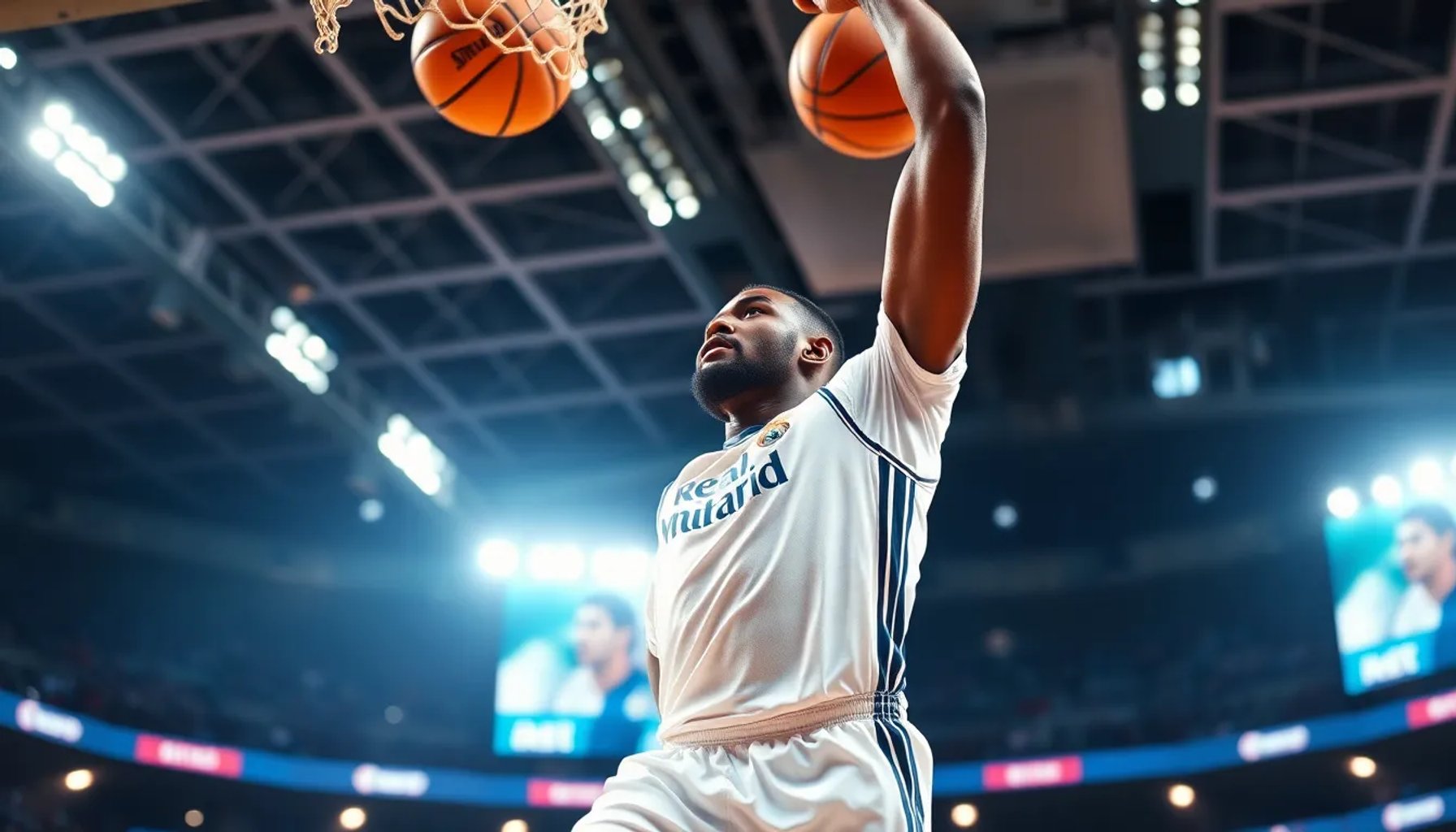 Mady Sissoko en acción, saltando para bloquear un tiro bajo la luz del WiZink Center