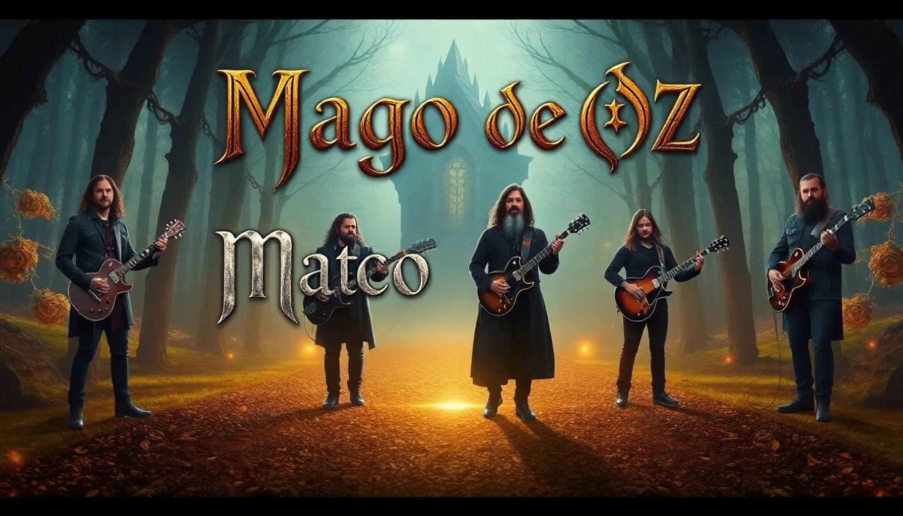 Cartel de la película sobre la banda española Mago de Oz, con tonos dorados y la icónica carretera amarilla