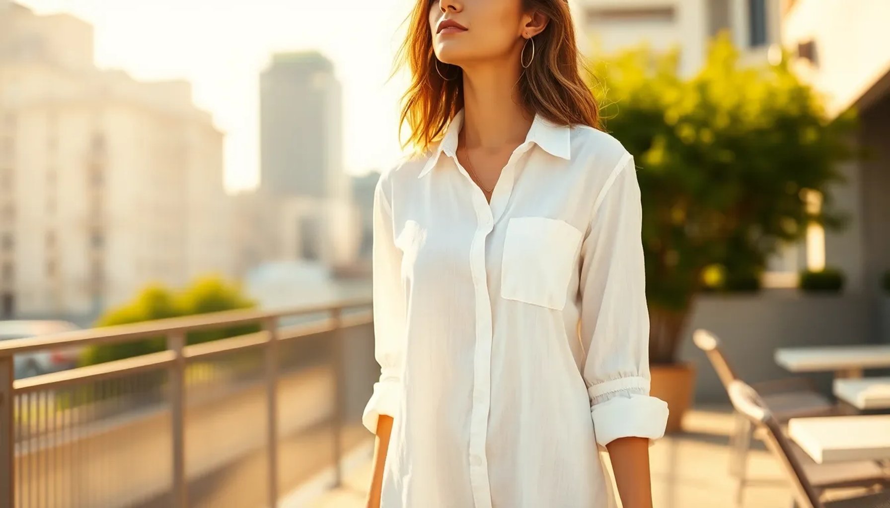Modelo mostrando un vestido de lino blanco de Mango en una terraza urbana soleada