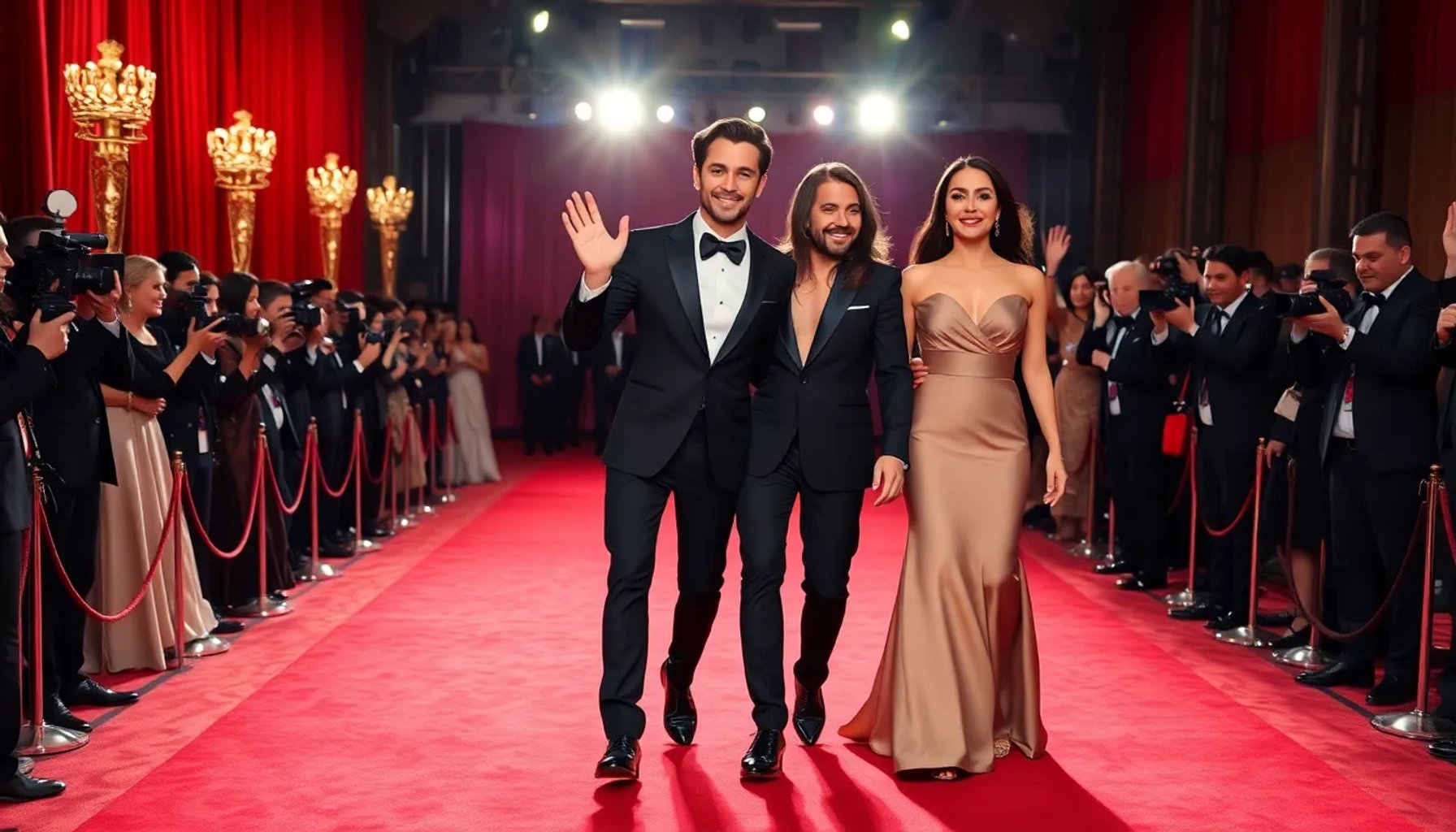 Manuel García-Rulfo y Shakira caminando juntos en una alfombra roja, sonriendo y saludando a los fotógrafos
