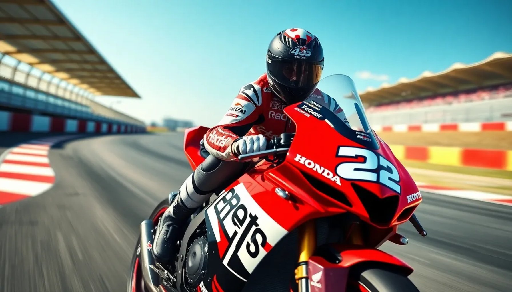 Marc Márquez pilotando su MotoGP Honda RC213V con expresión concentrada en un circuito soleado