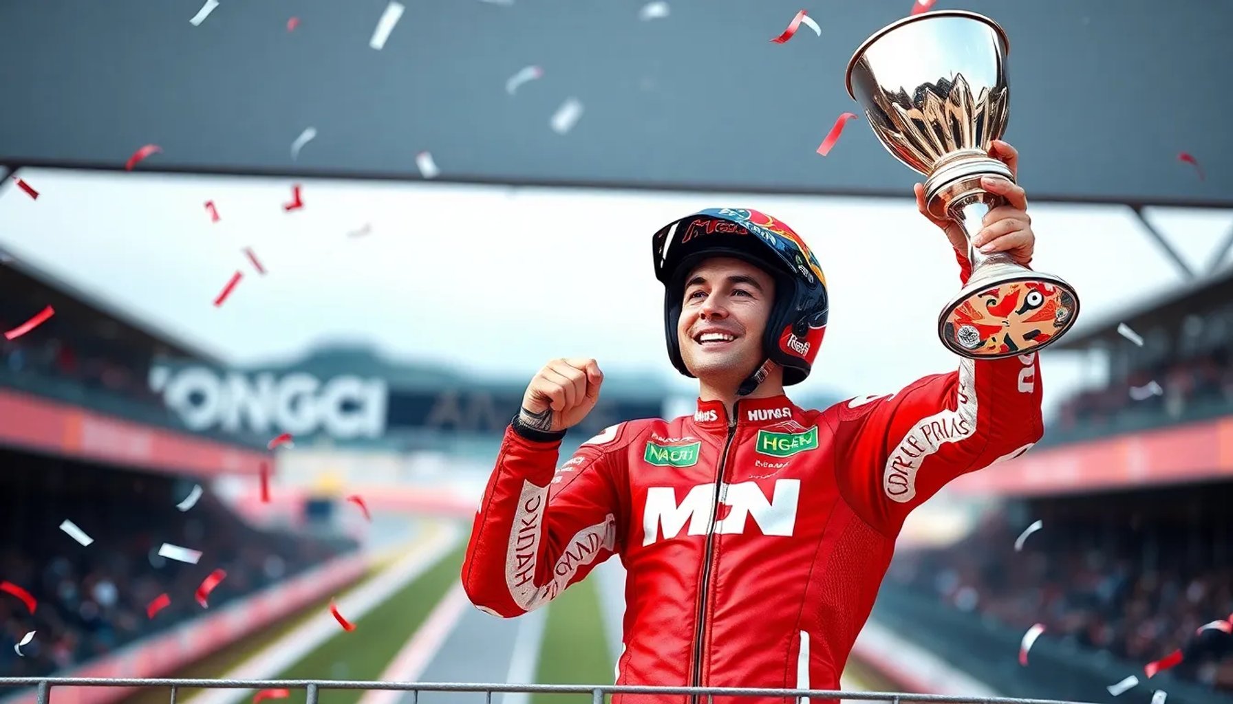 Marc Márquez celebrando su victoria número 100 en el Gran Premio de Hungría 2026, levantando el trofeo en el podio.