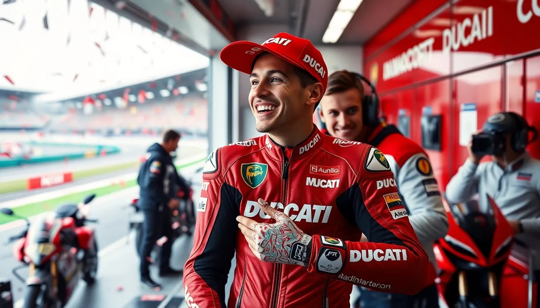 Marc Márquez celebrando con el equipo Ducati tras ganar el Gran Premio de Hungría 2026, rodeado de mecánicos y familiares en el paddock