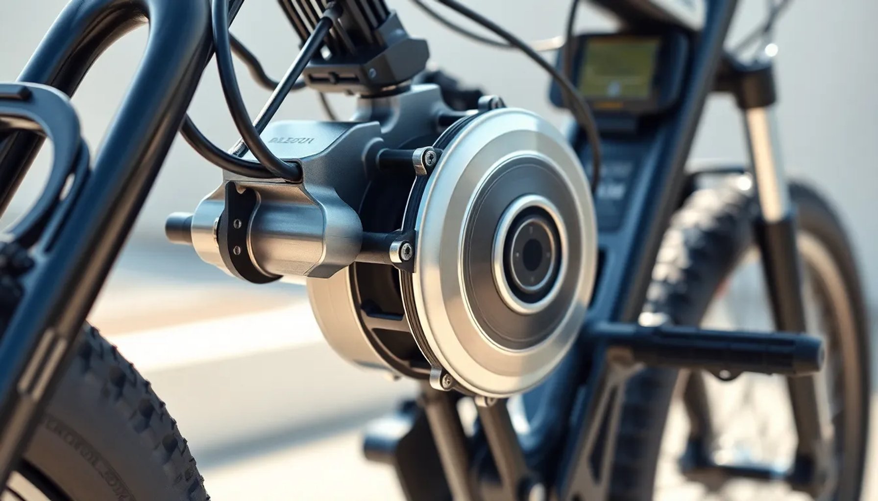 Motor eléctrico de bicicleta de alta potencia instalado en el cuadro, con cables y pantalla de control visible