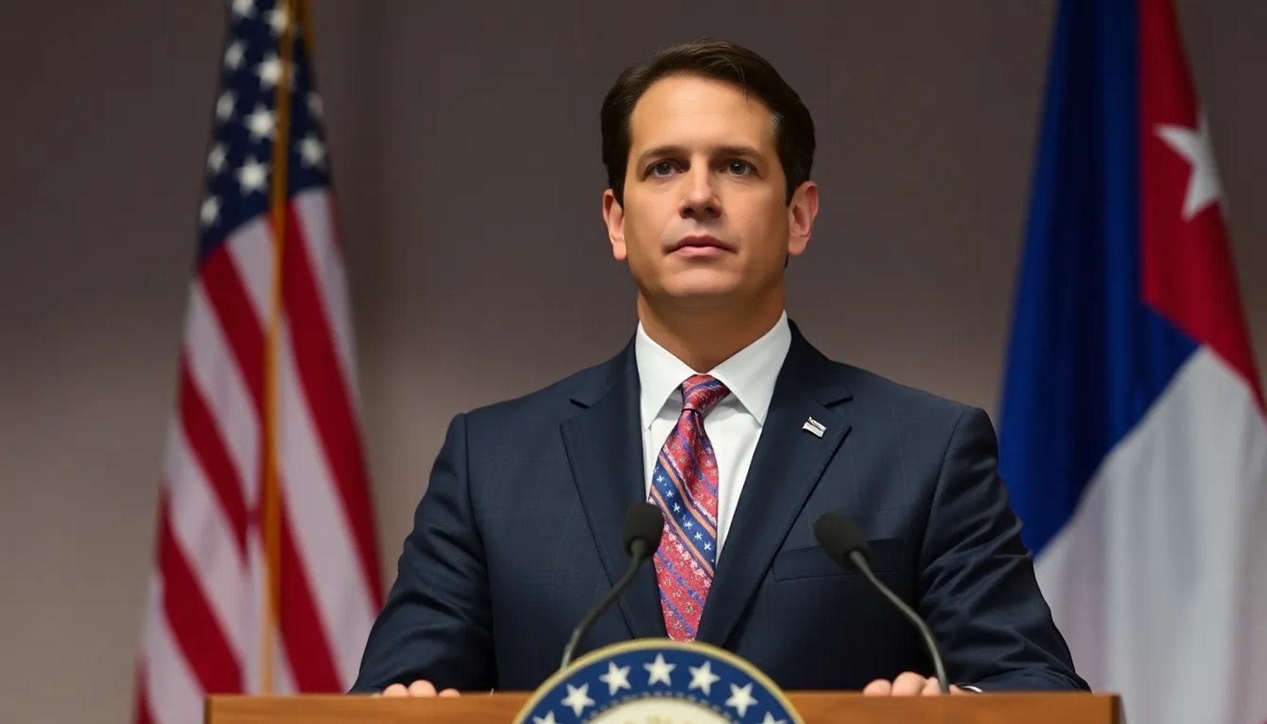 Senador Marco Rubio hablando en un podio con banderas de EE.UU. y Cuba de fondo