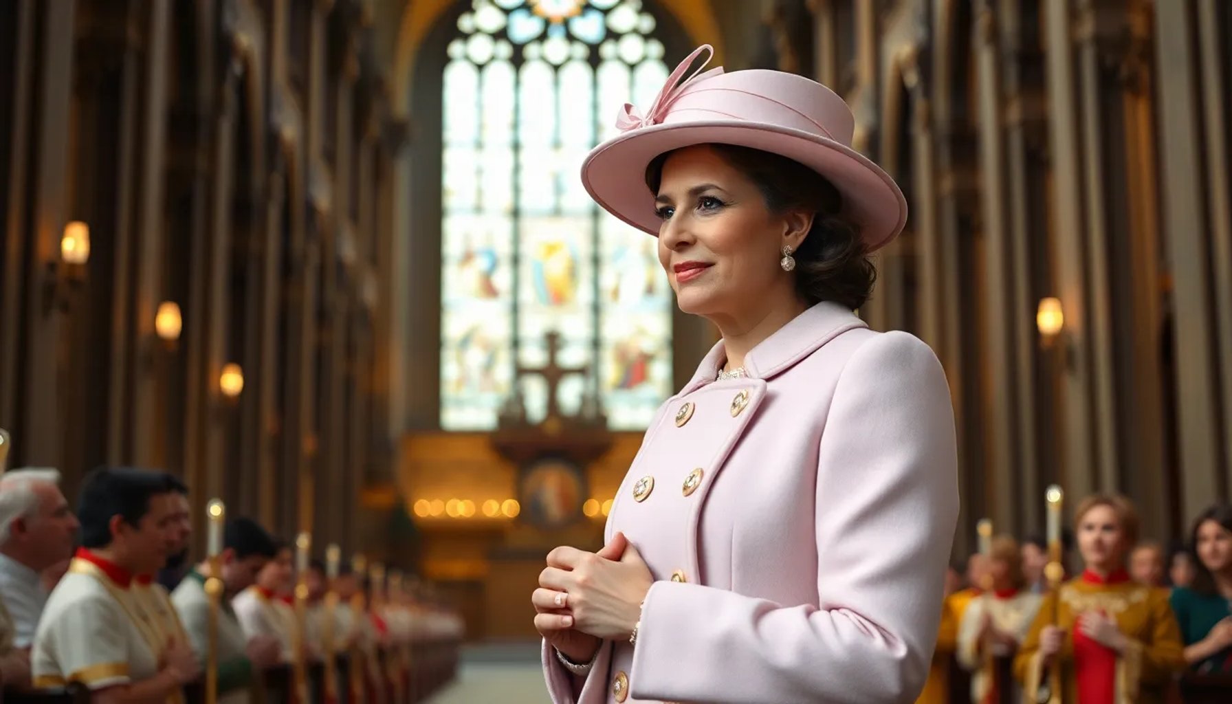 Reina Letizia asistiendo a un acto religioso, vestida de protocolo, con expresión serena y respetuosa