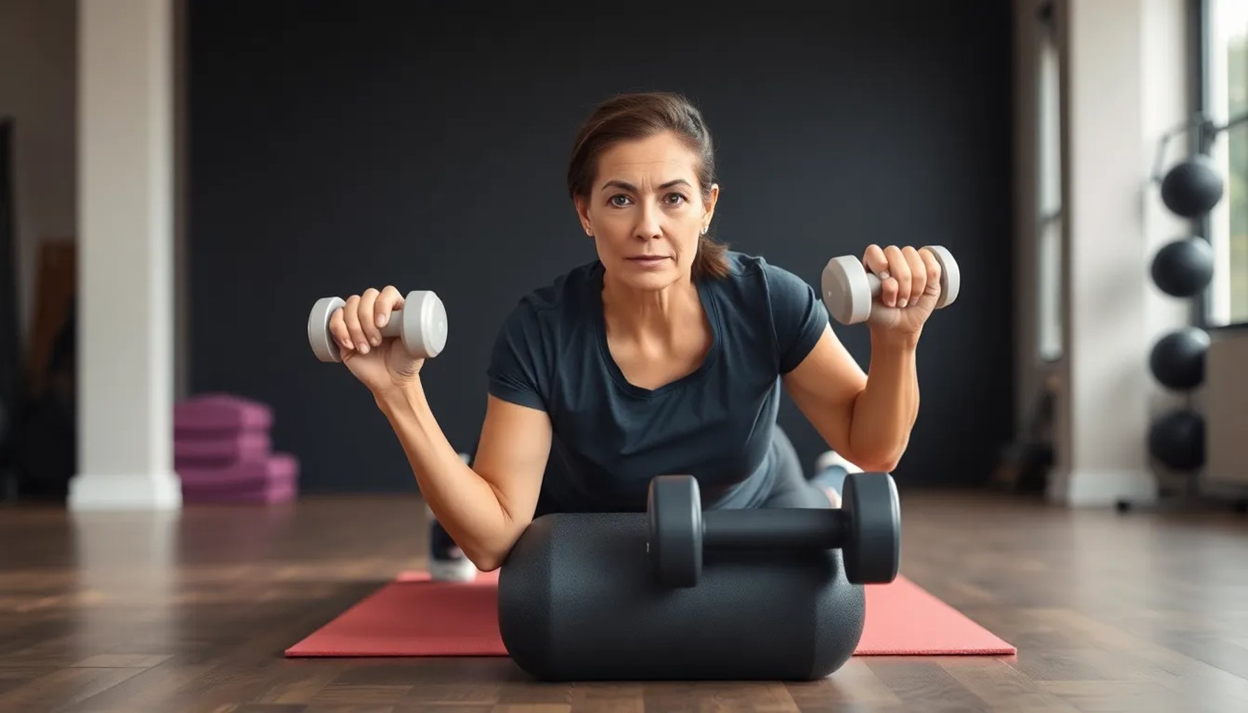 María José Suárez realizando el dead bug sobre un foam roller con mancuernas, enfocada en su respiración y postura