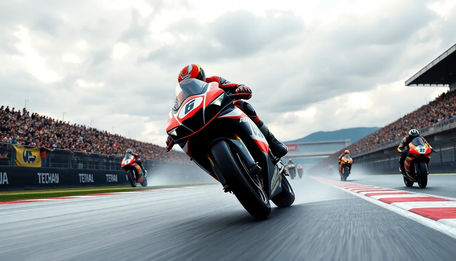 Marc Márquez y su moto en la pista de MotoGP, con el podio y la multitud de fondo
