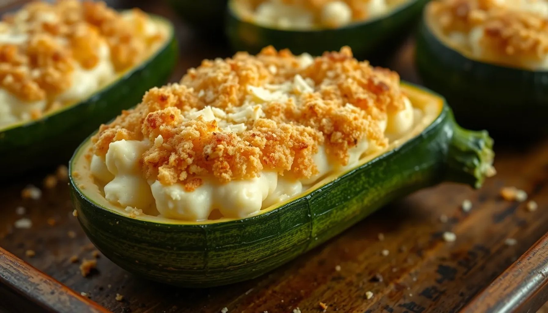 Calabacines rellenos con patata, brie y queso rallado listos para gratinar en una bandeja de hornear