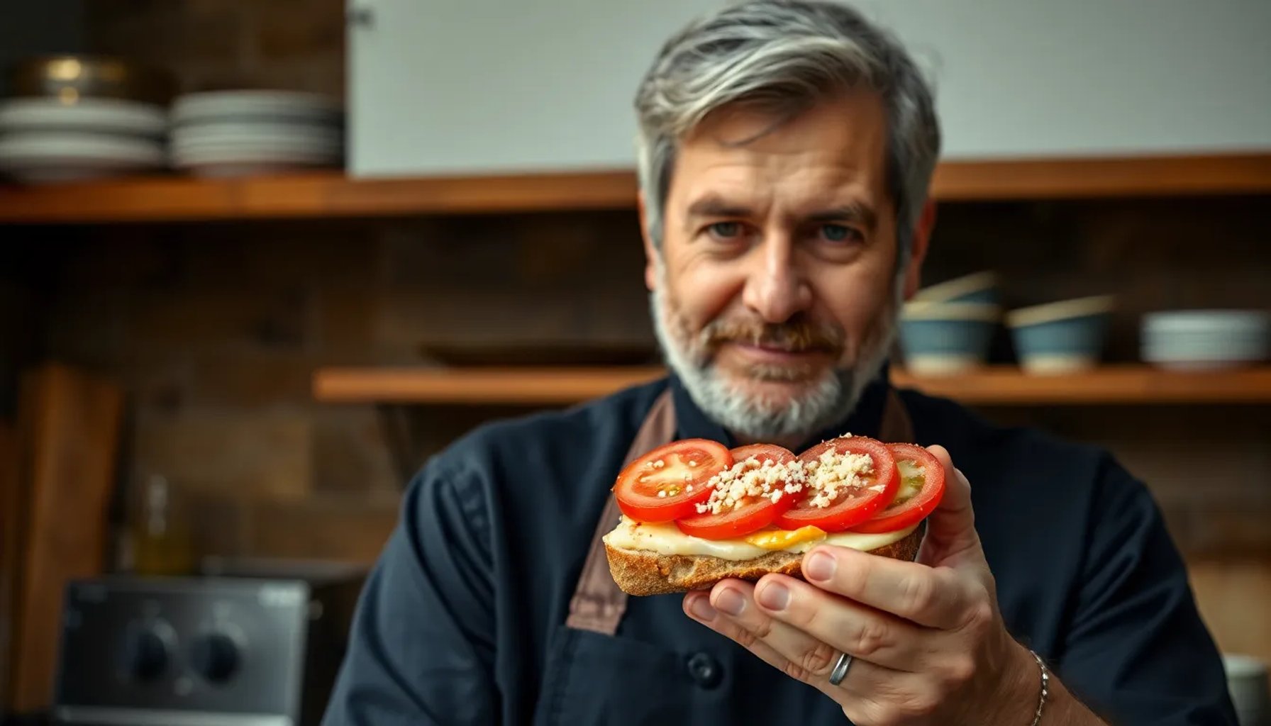 Martín Berasategui sosteniendo un sándwich con tomate y queso parmesano