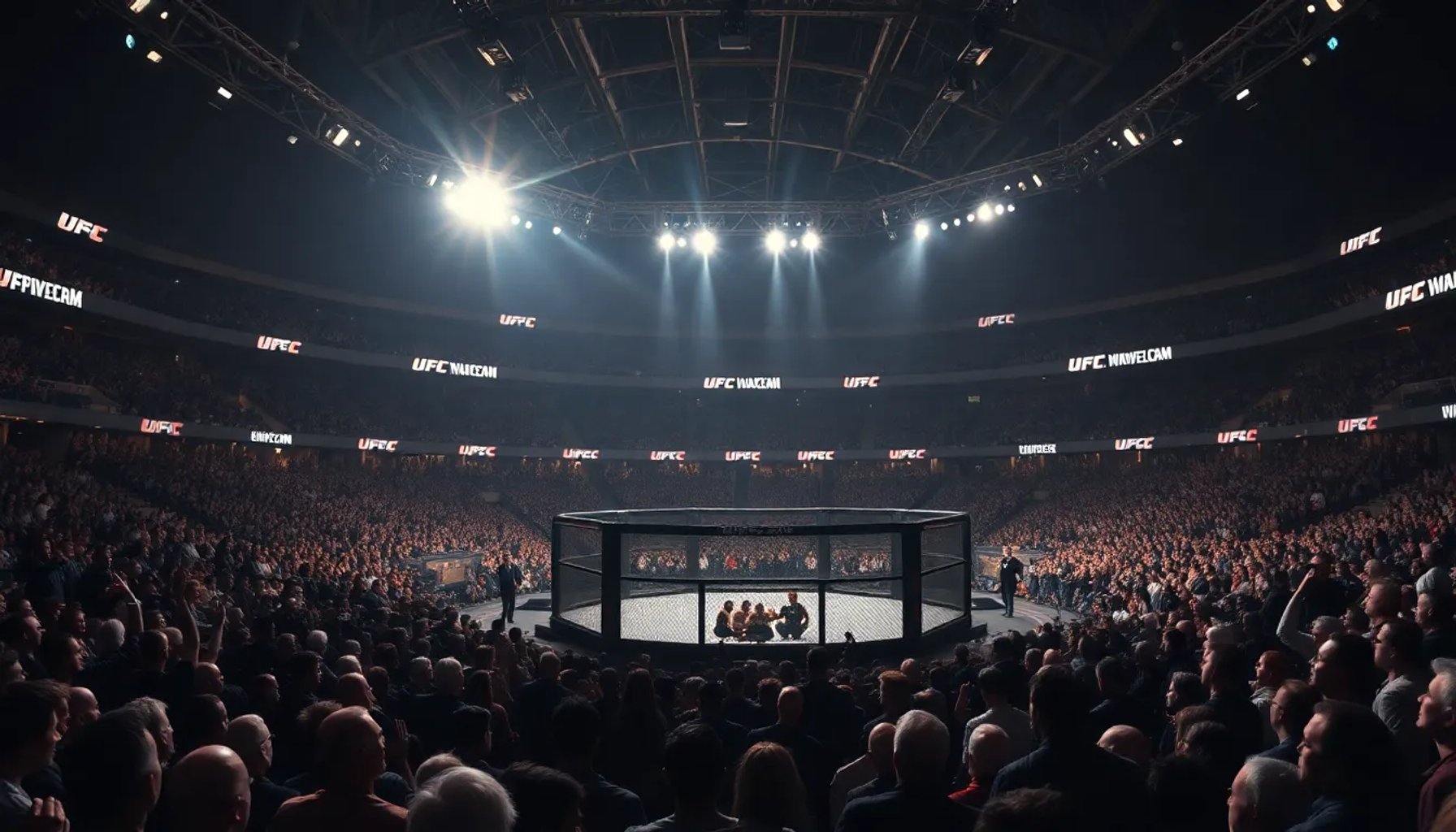 Vista panorámica del octágono iluminado durante una noche de UFC con el público en el fondo