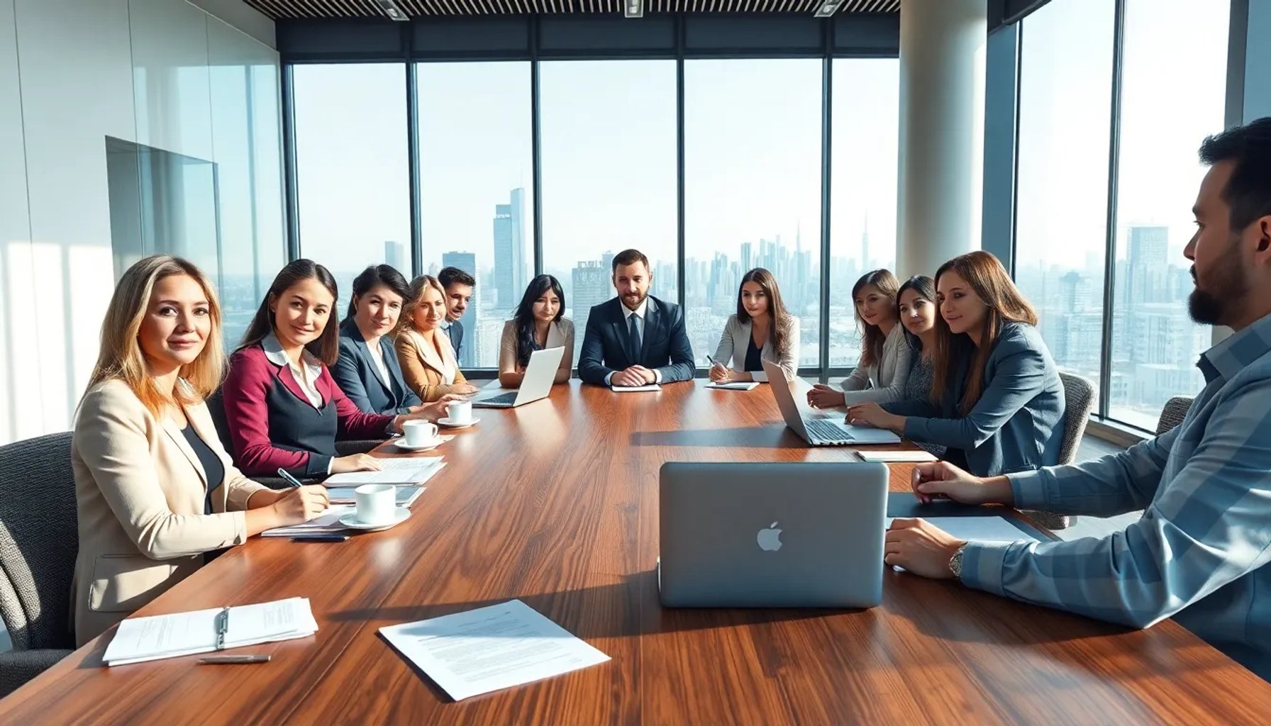 Imagen de un grupo de gerentes hoteleros reunidos alrededor de una mesa discutiendo documentos legales