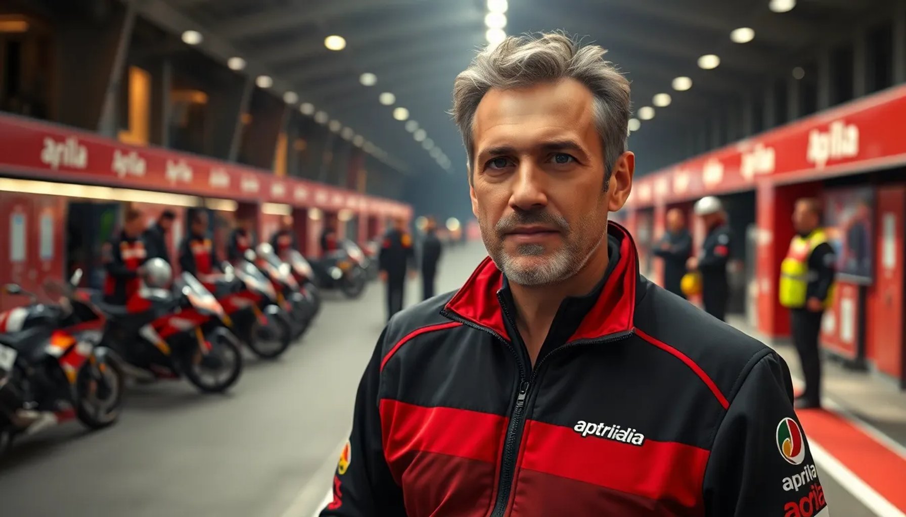 Massimo Rivola en el paddock de Aprilia, mirando la pista mientras se discute la rivalidad con Marc Márquez