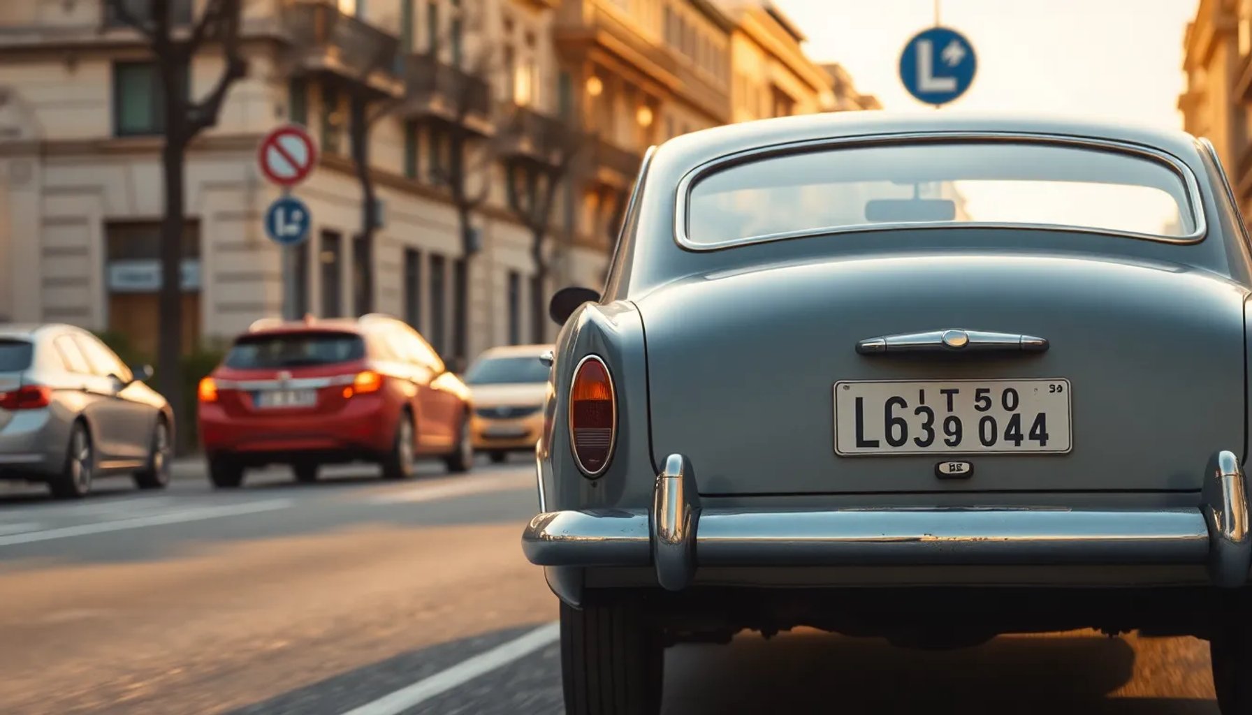 Coche clásico restaurado con matrícula histórica circulando por una calle de Madrid bajo señal de zona de bajas emisiones