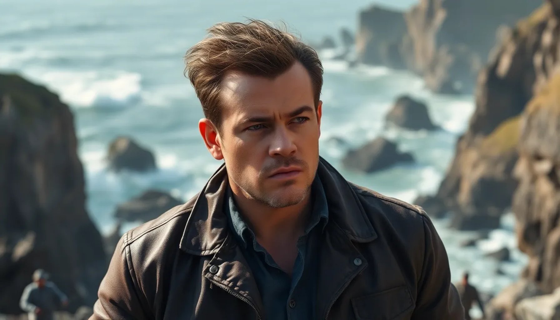 Matt Damon en el set de 'La Odisea', expresión concentrada mientras observa el horizonte marino