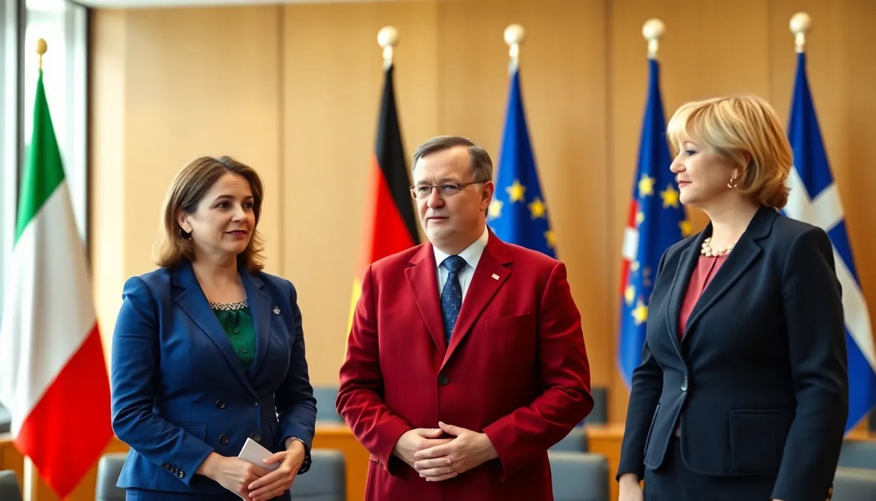 Líderes europeos Giorgia Meloni, Friedrich Merz y Mette Frederiksen en una reunión hablando sobre política migratoria