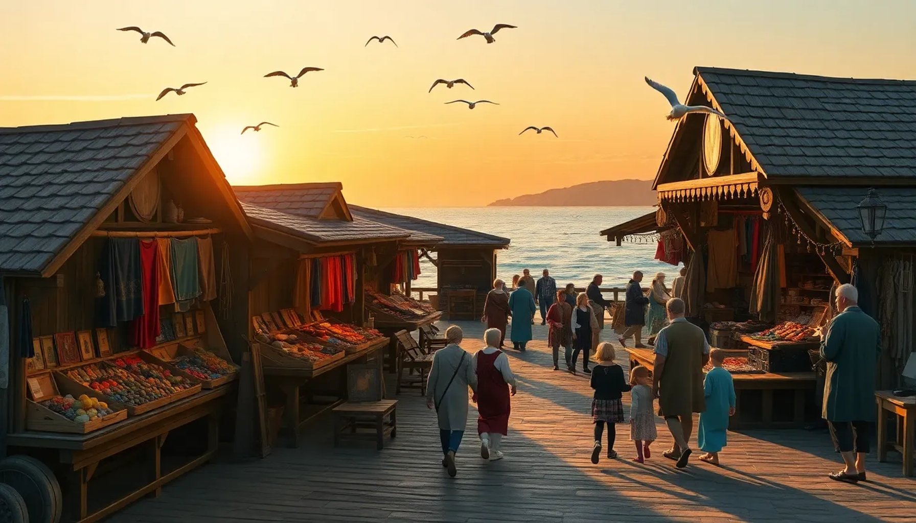 Mercadillo medieval al aire libre junto al mar con puestos de artesanía y músicos en escena