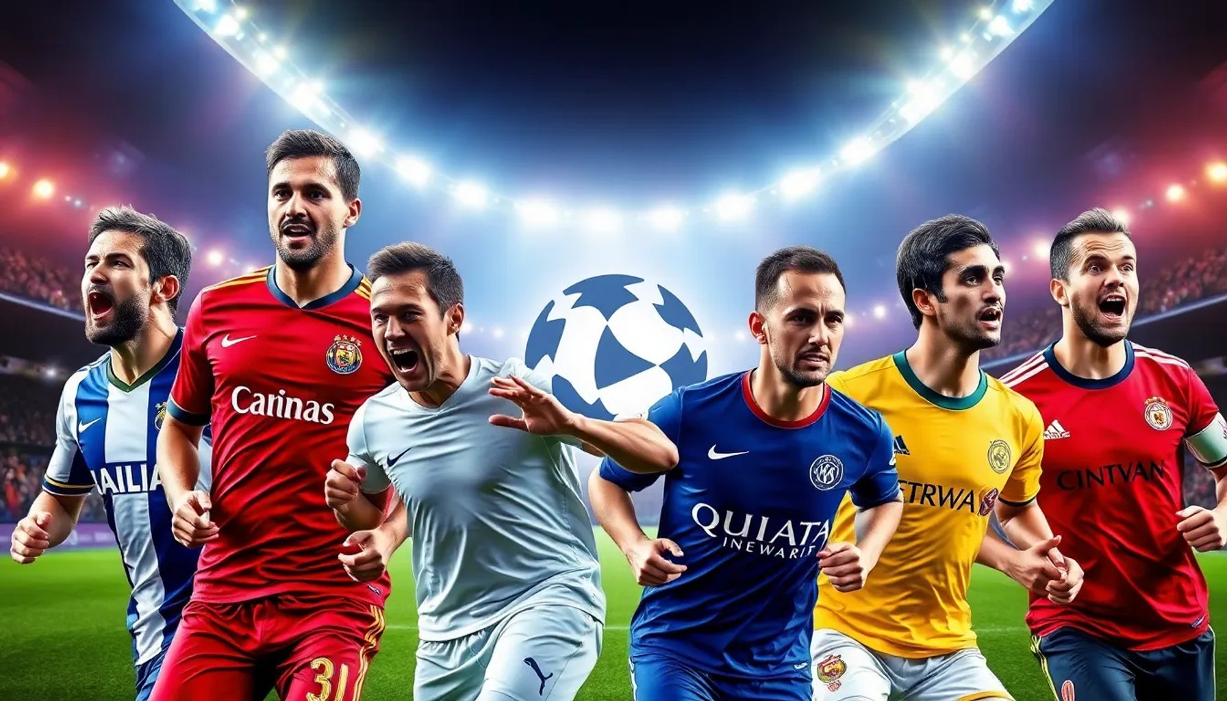 Collage de jugadores de fútbol con camisetas de distintos clubes celebrando un fichaje