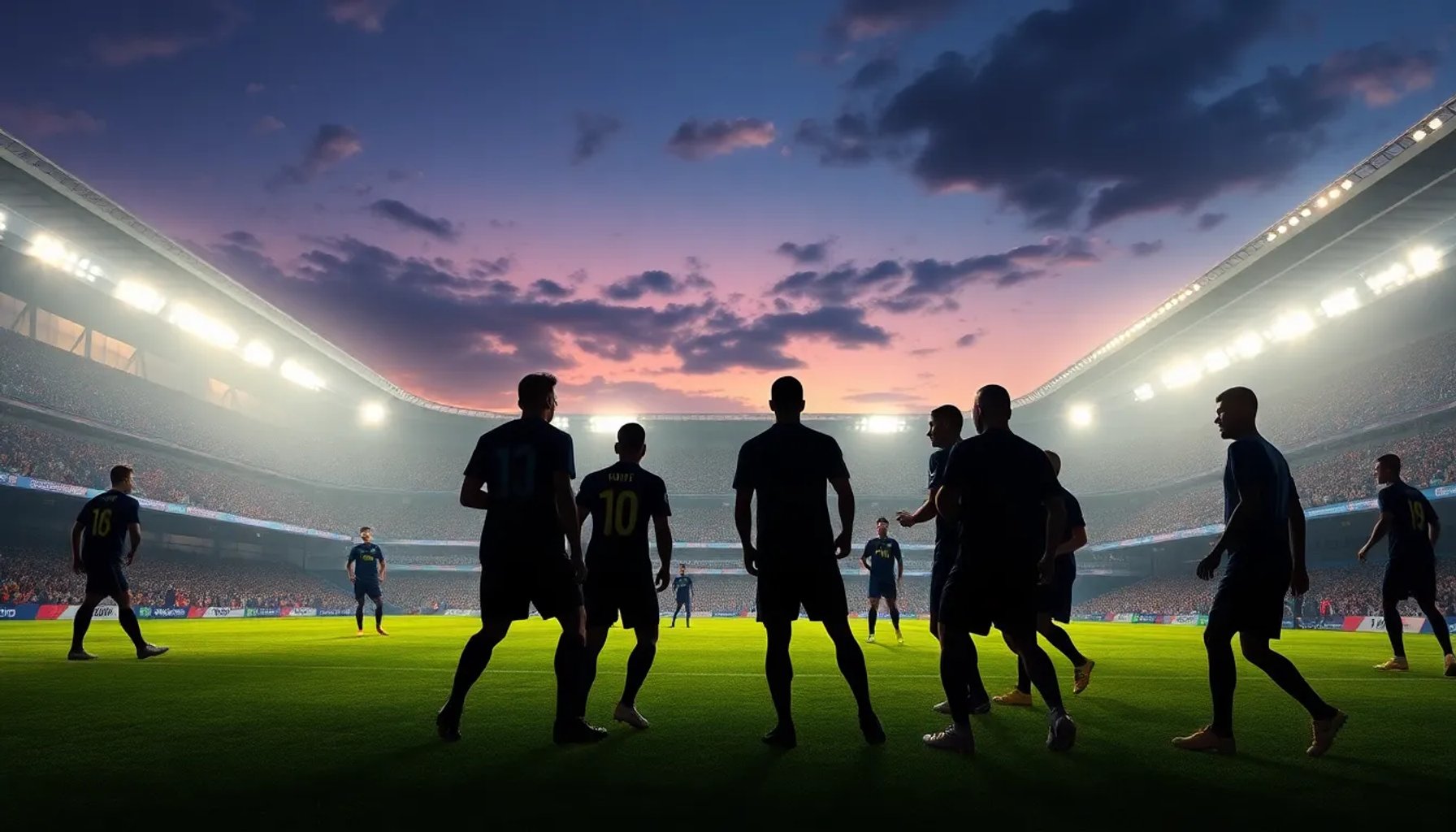 Imagen de estadio con siluetas de jugadores y banderas de España, Inglaterra e Italia