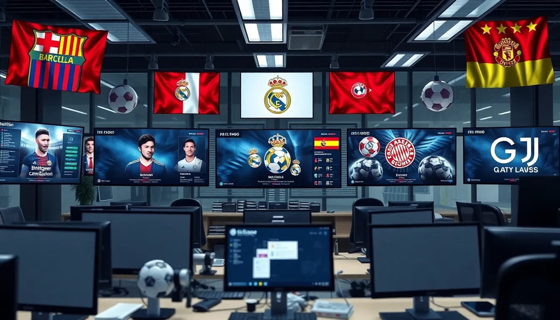 Imagen hero del mercado de fichajes con balones y banderas de equipos europeos