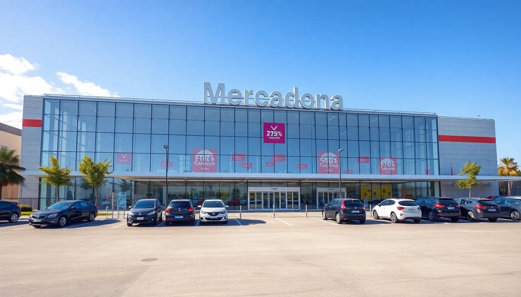 Fachada de la nueva tienda Mercadona de 2.200 m² con amplio aparcamiento en Valencia