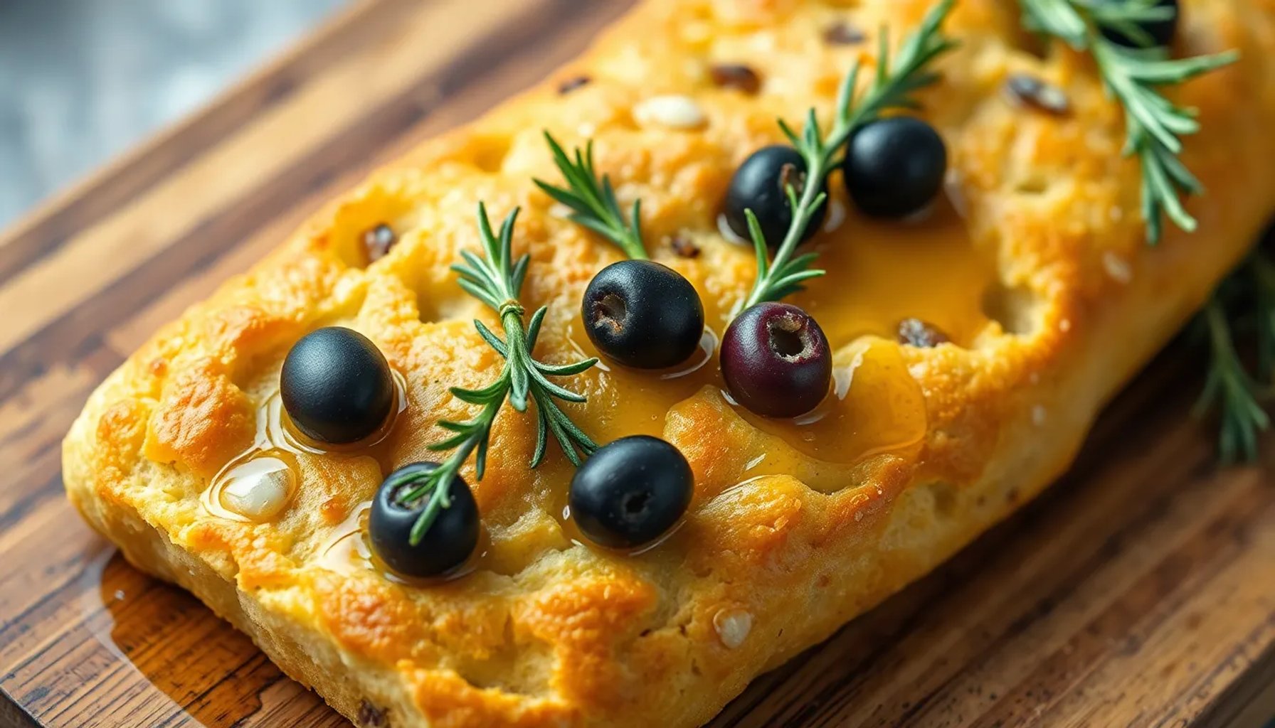 Focaccia de Mercadona con aceitunas negras y verdes, crujiente y dorada, sobre una tabla de madera