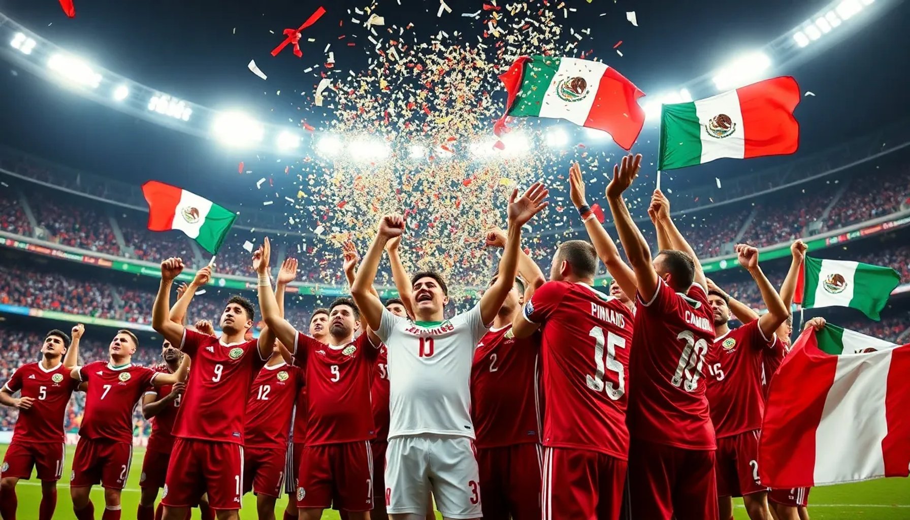 Jugadores de la Selección mexicana celebrando una victoria en el Estadio Azteca, con banderas rojas y verdes ondeando en el fondo