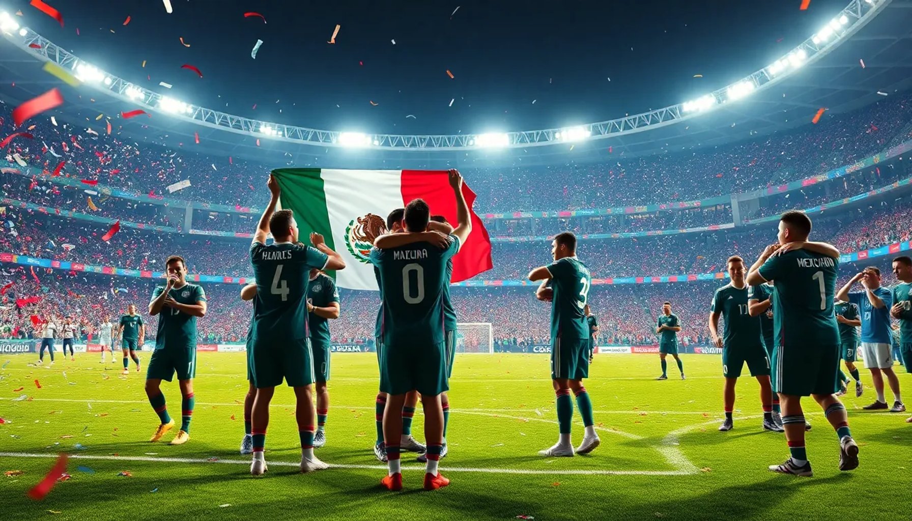 Jugadores de la selección mexicana celebrando su victoria en la fase de grupos del Mundial 2026