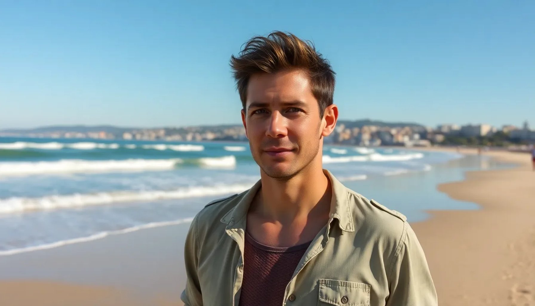 Mikel Arteta sonriendo en la playa de La Concha de San Sebastián con el mar de fondo