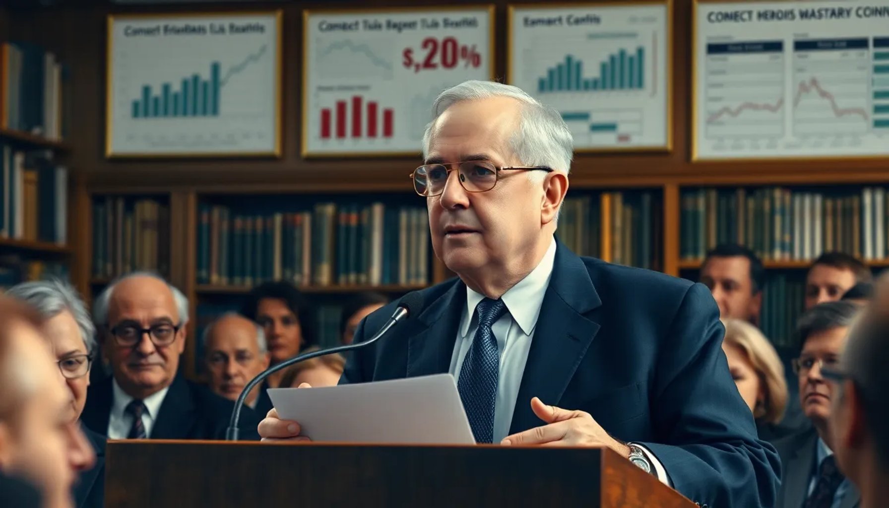 Milton Friedman hablando en un podio mientras una audiencia escucha atentamente, con fondo de libros y gráficos económicos
