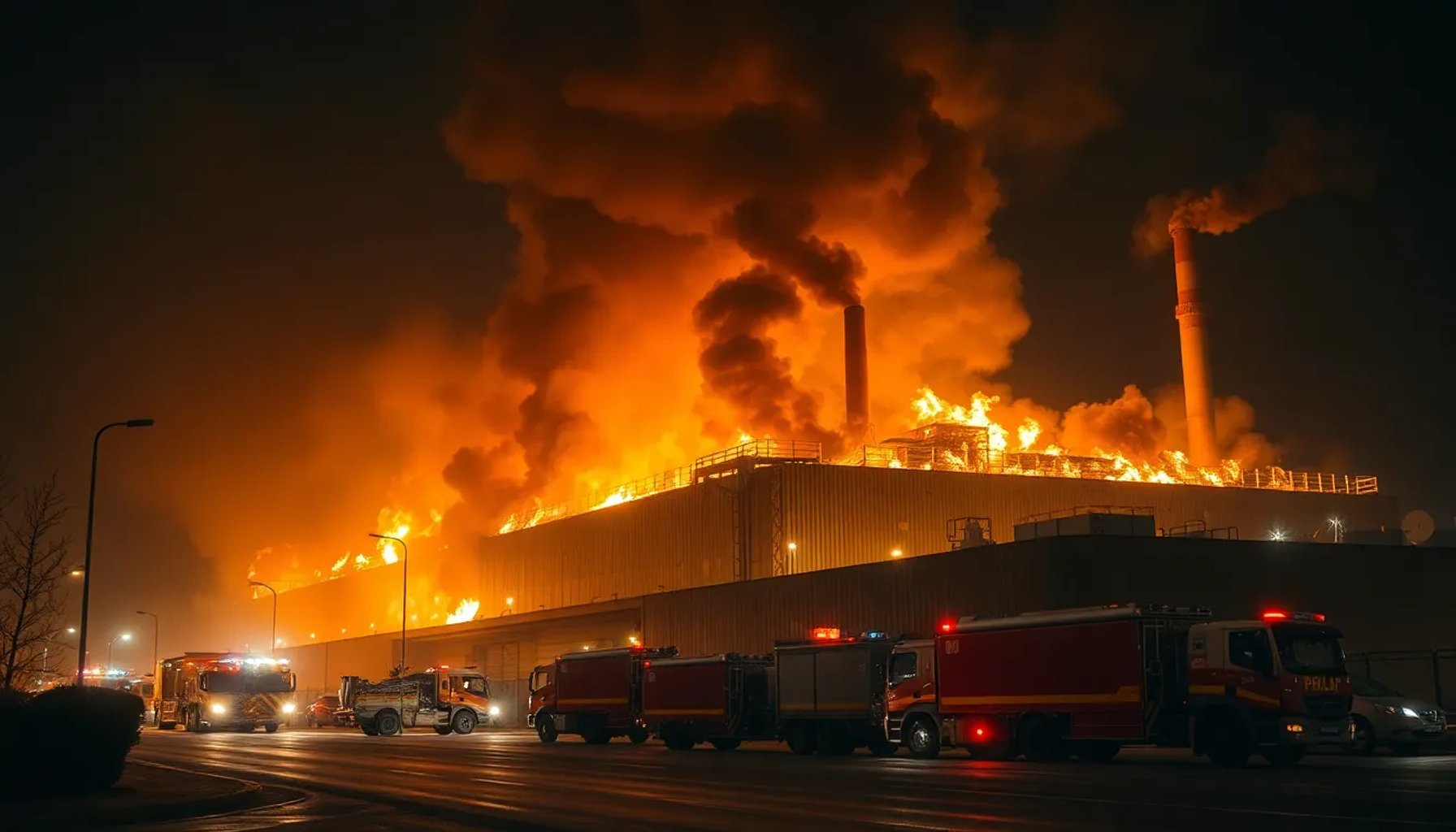 Incendio envuelve la fábrica de Montesa-Honda en Barcelona, con llamas y humo elevándose sobre la estructura industrial