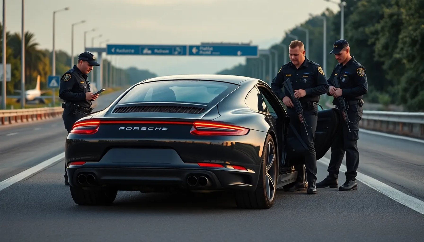 Policías catalanes inspeccionan un Porsche negro detenido en la carretera, mientras descubren varios fusiles de asalto ocultos en el maletero