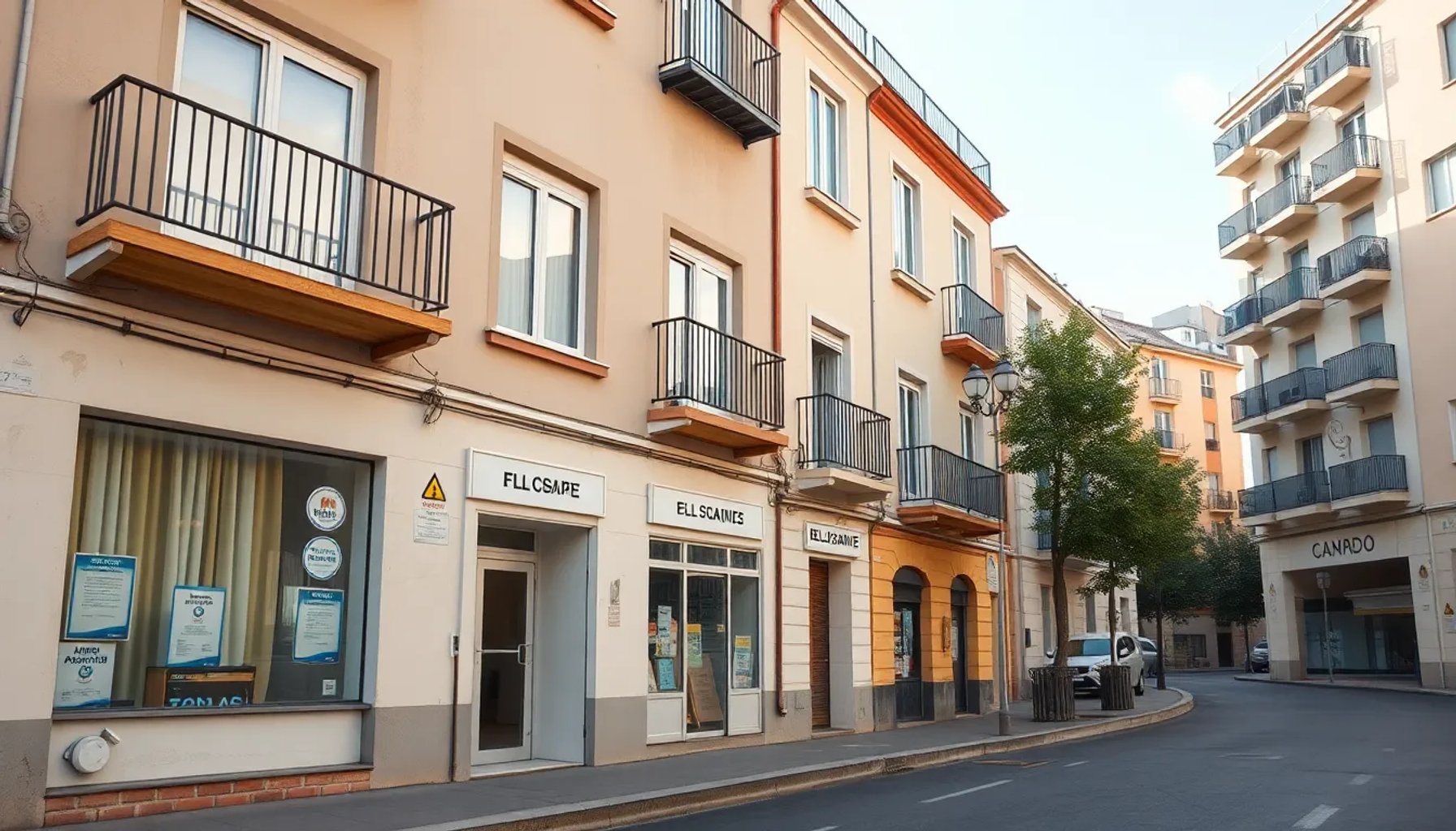 Fachada de un antiguo local comercial reconvertido en vivienda en Móstoles, con balcones nuevos y señal de obra en la calle