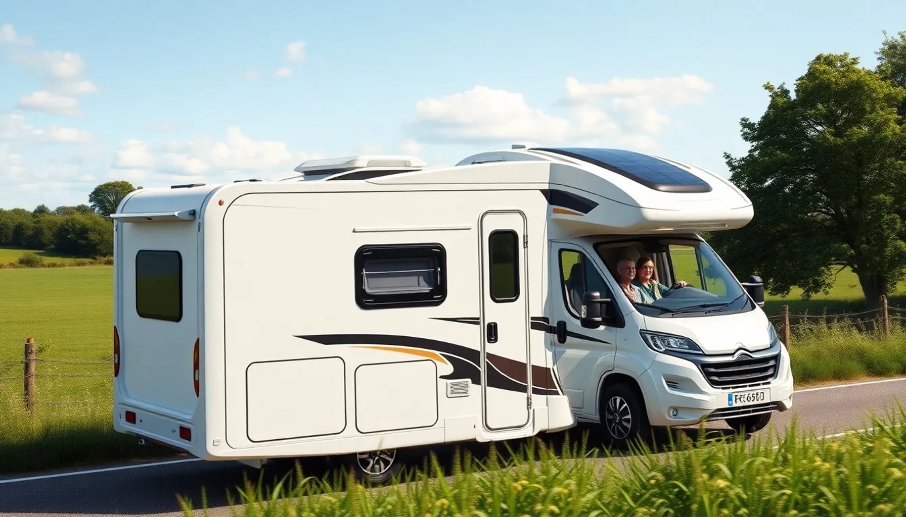 Autocaravana moderna de lujo sobre una carretera verde, con paneles solares y interior elegante