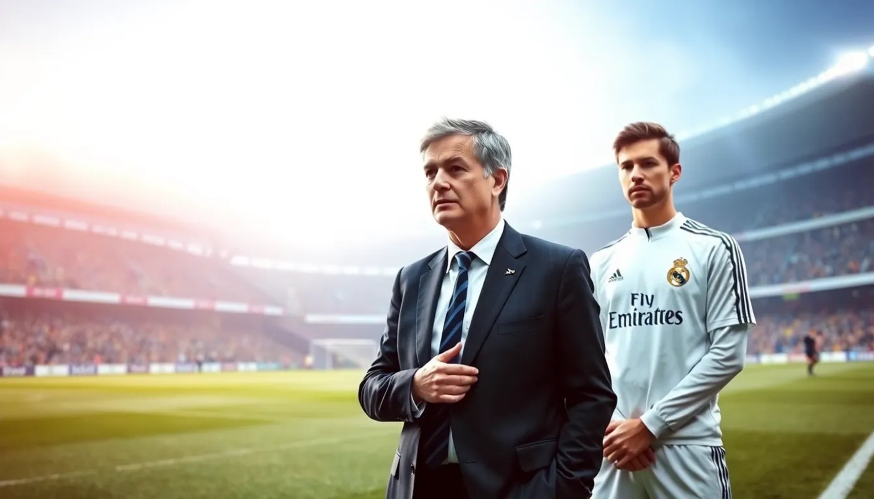 José Mourinho y Federico Valverde entrenando juntos en el campo del Real Madrid, con el estadio de Valdebebas al fondo.