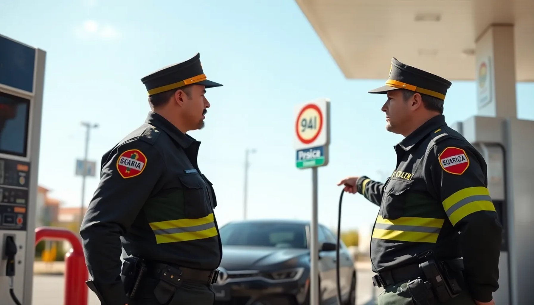 Agentes de la Guardia Civil realizando un control en una gasolinera mientras un conductor reposta su vehículo