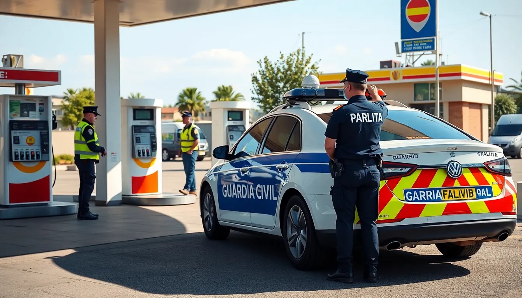 Patrulla de la Guardia Civil inspeccionando una estación de servicio con precios sospechosos de combustible