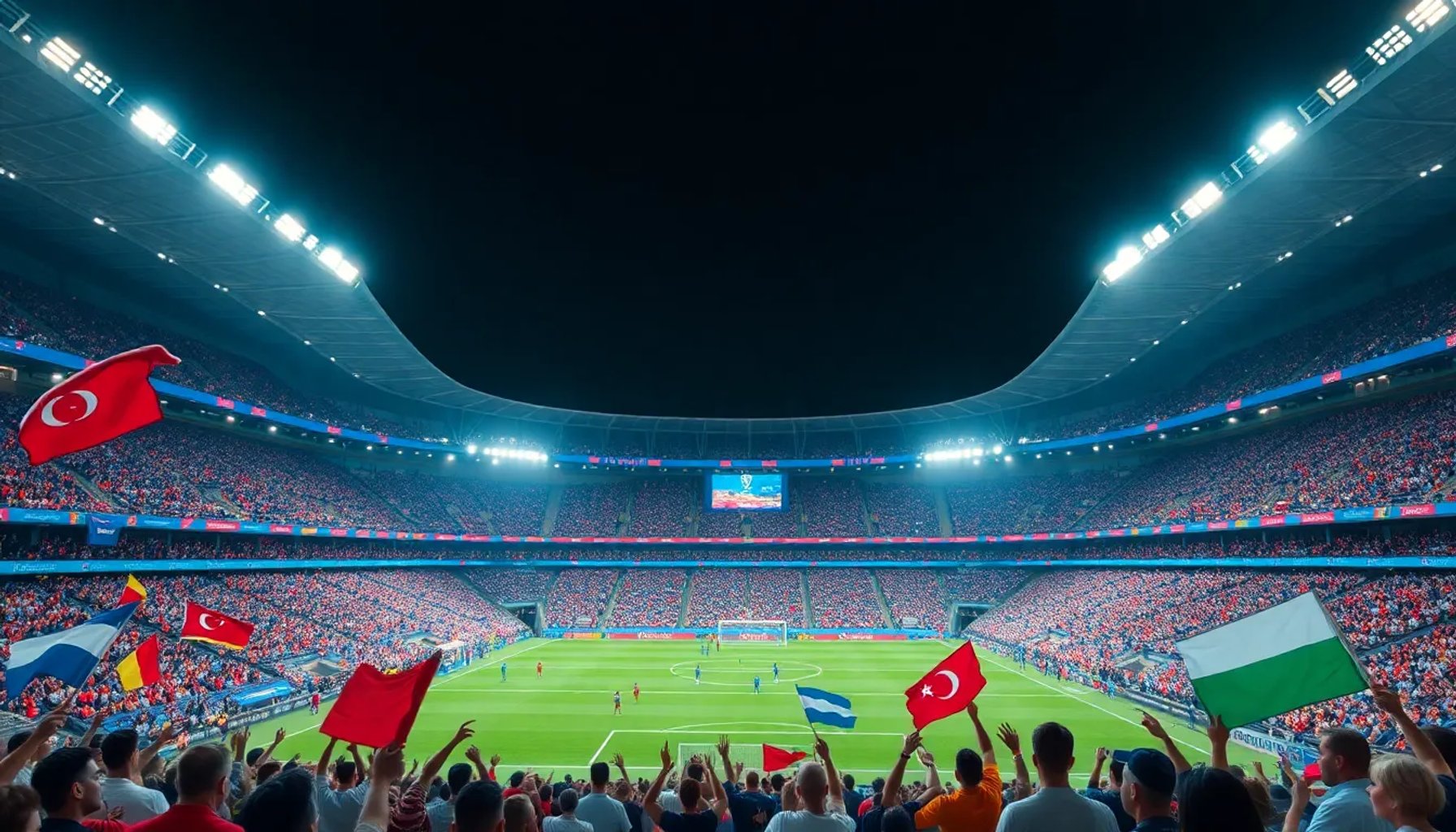 Estadio iluminado del Mundial 2026 con fanáticos ondeando banderas de diferentes países